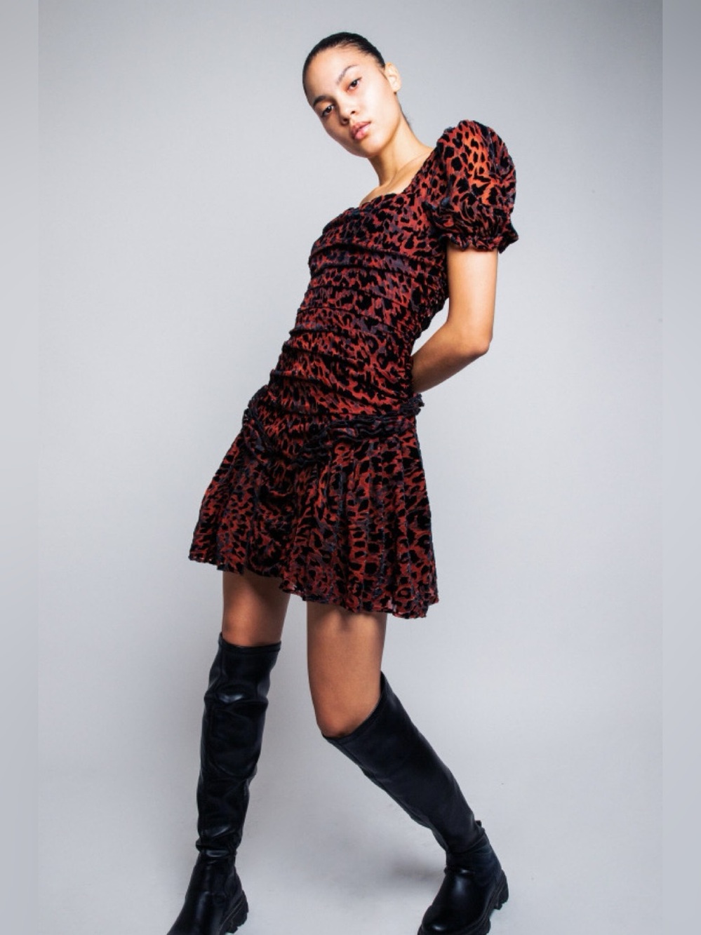 Misha Vanessa Short Puff Sleeve Leopard Print Mini Dress Red Black US 4 NEW NWT